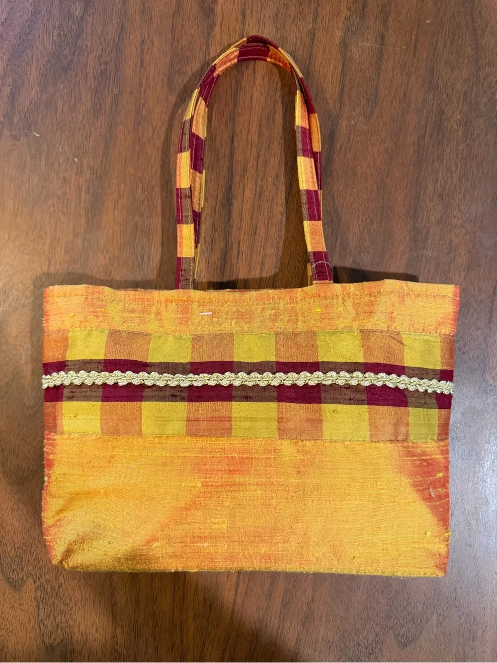 Atenti Vintage Silk Plaid Mini Tote Bag Gold Trim Made in USA